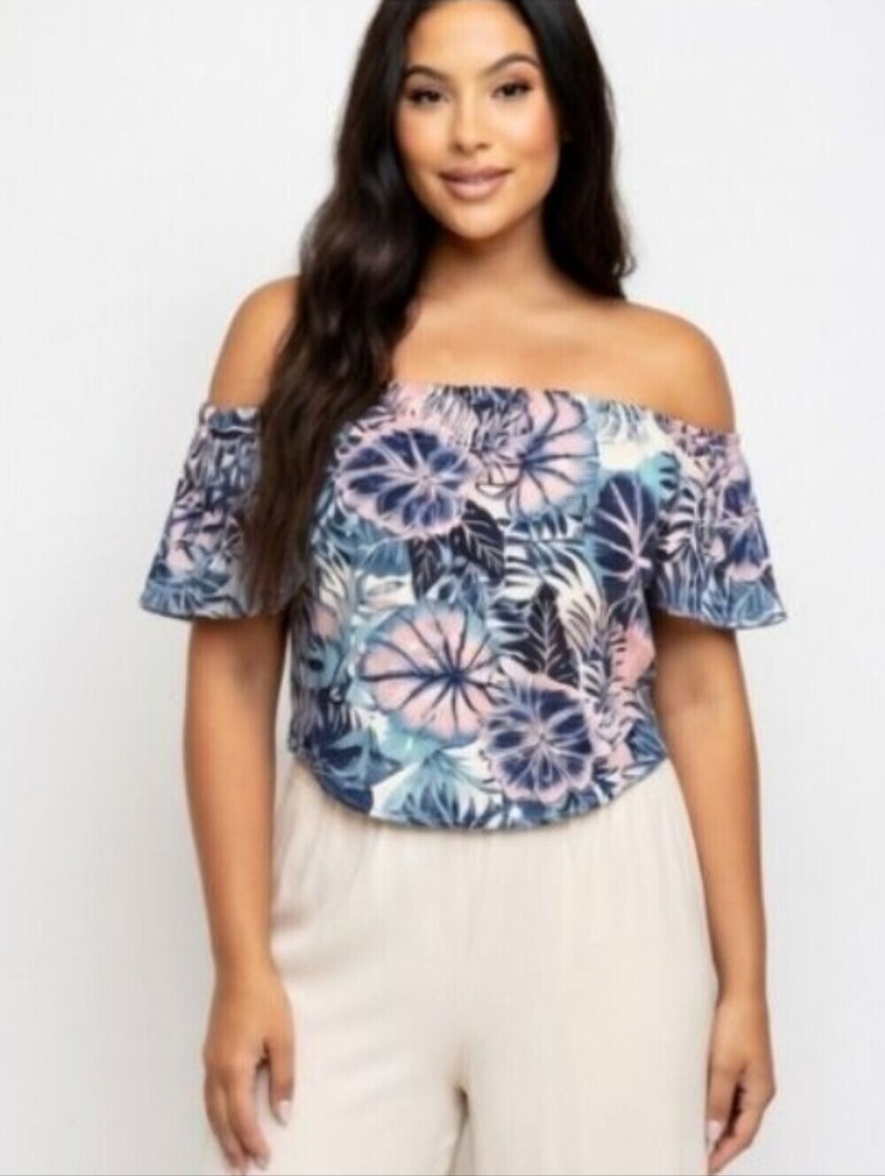 Charlotte Russe Teal Pink Ivory Tropical Floral Print Off the Shoulder Crop Top